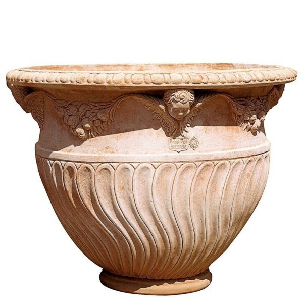 Twisted plant pot, decorated in relief. Suitable for classic or historic environments and furnishings. Handmade, frost resistant.