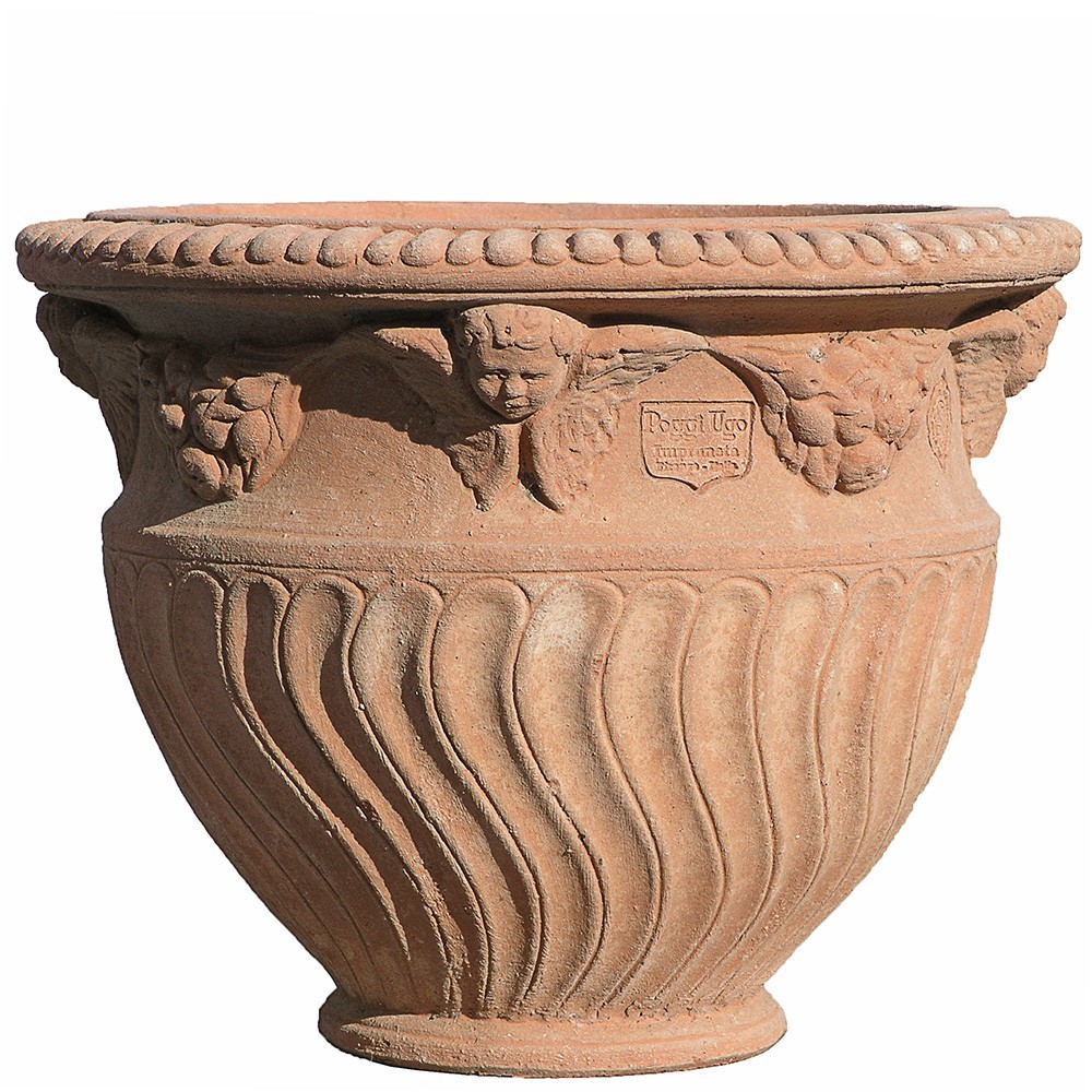 Decorated spiral-columned pot for plante, cylindrical shape. The pot is particularly wind stable. Handmade, resistant to frost. Great duration.