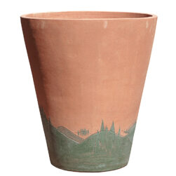 Cone with cypresses. Modern plant pot. Design collection of Terrecotte Poggi Ugo. Unique pieces executed freehand: only soft hills and cypress trees in various arrangements recall, par excellence, Tuscany. There is no vase that is the same as another, but only similar because they were made without any drawing, extemporaneously by the artist, who signed and dated them.  Handmade, using Impruneta clay, resistant to frost up to – 30° C. Great duration, the shape remains unchanged over the course of the time. The roots’ and plants’ health is improved by the good breathability of the terracotta, its thermal isolation, and the slow release of the humidity from the watering. The article acquires a beautiful exterior aspect over the course of the seasons.