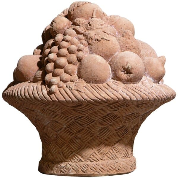 Fruttiera in terracotta di Impruneta, decorazione artigianale con intreccio e frutta toscana scolpita in altorilievo.