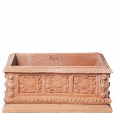 Medicean Carrega planter in terracotta with embossed decorations and Medici coat of arms