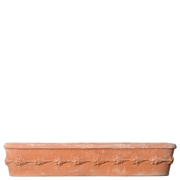 Cassetta da davanzale in terracotta con decorazione a frutta e foglie in rilievo, forma rettangolare