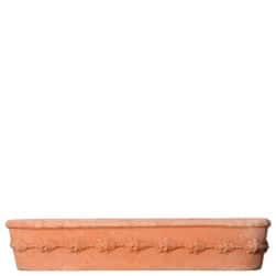 Cassetta da davanzale in terracotta con decorazione a frutta e foglie in rilievo, forma rettangolare