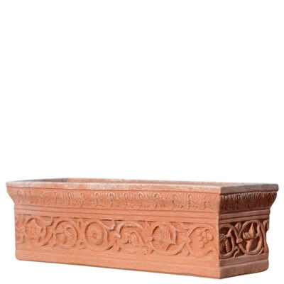 Cassetta bizantina in terracotta con fregio a volute e decorazioni a rilievo su vaso rettangolare