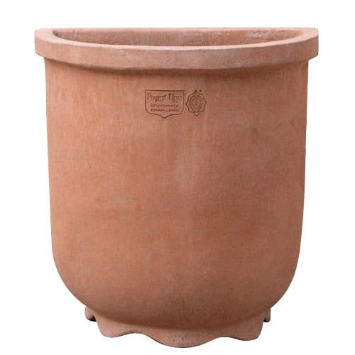 Smooth Wall Planter in Impruneta Terracotta with Integrated Scalloped Feet for Proper Water Drainage, Decorated with Colorful Climbing Plants.