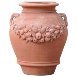 Orcio Festonato a Parete in terracotta di Impruneta con decorazione in rilievo di frutta e manici decorativi. Perfetto per terrazzi e giardini.