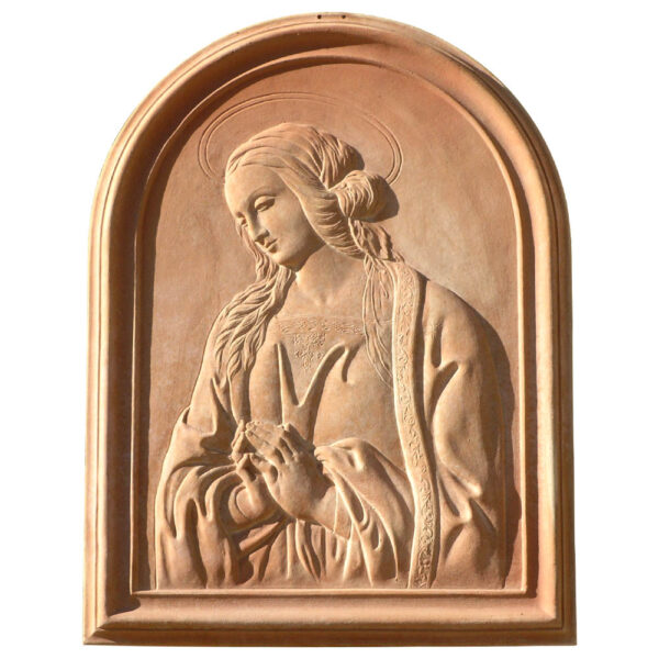 Madonna with Lace, Giubileo Collection. Handcrafted terracotta bas-relief inspired by Fra Filippo Lippi. Panel with refined details.