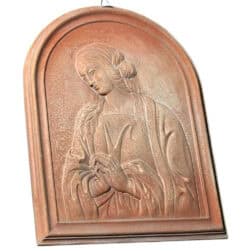 Madonna with Lace, Giubileo Collection. Handcrafted terracotta bas-relief inspired by Fra Filippo Lippi. Panel with refined details.