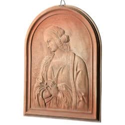Madonna with Lace, Giubileo Collection. Handcrafted terracotta bas-relief inspired by Fra Filippo Lippi. Panel with refined details.