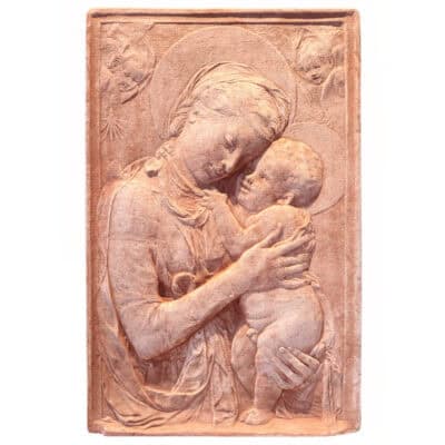 La Vergine di Settignano, della Collezione Giubileo. Pannello in terracotta, essenza dell'arte rinascimentale, simbolo di spiritualità cristiana. Ingelivo.