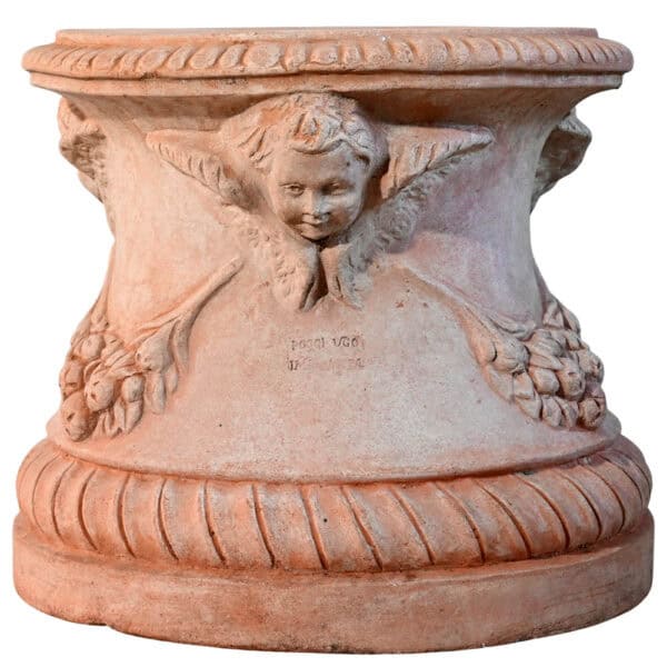 Base del Vaso a tortiglione in terracotta di Impruneta, con motivi a tortiglione, festone e mascherone centrale
