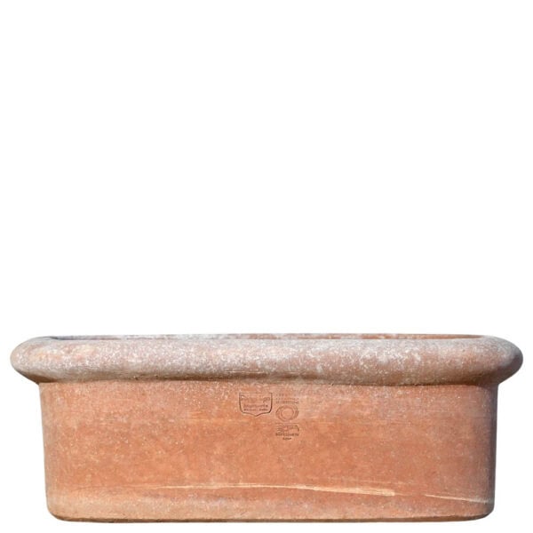 Tinozza bassa in terracotta rettangolare con bordi stondati, adatta per piante basse e composizioni decorative