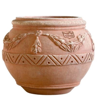 Festooned Spherical Cache-pot in Impruneta terracotta, with raised festoon and geometric motifs, ideal for ornamental plants.