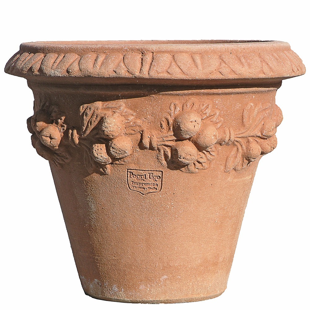 Jar with plums. Plant pot. Made in one size. Small item. Modeling made in high relief. The cylindrical shape of the pot makes it aesthetically harmonious, with the characteristic of having the maximum amount of soil with respect to the general volume and particularly stable in the wind.