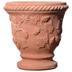 Vasetto decorato con uva in terracotta di Impruneta, piccolo vaso con tralci, foglie e grappoli a rilievo.