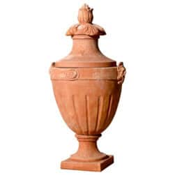 Ancient Urn with leaves and masks in hand-crafted Impruneta terracotta, decorative vase