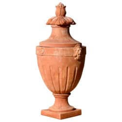 Ancient Urn with leaves and masks in hand-crafted Impruneta terracotta, decorative vase