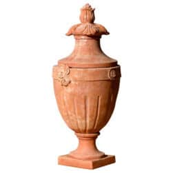 Ancient Urn with leaves and masks in hand-crafted Impruneta terracotta, decorative vase
