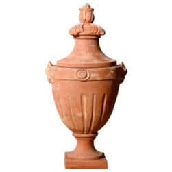 Ancient Urn with leaves and masks in hand-crafted Impruneta terracotta, decorative vase
