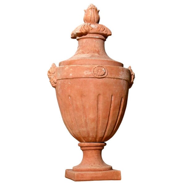 Ancient Urn with leaves and masks in hand-crafted Impruneta terracotta, decorative vase