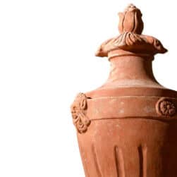 Ancient Urn with leaves and masks in hand-crafted Impruneta terracotta, decorative vase