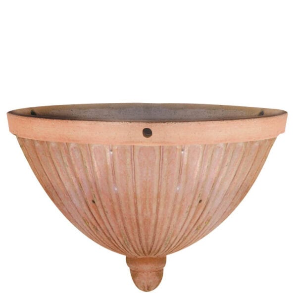 Grooved hanging pot used for planting colorful blooms or trailing plants. Can be hung from tree branches, pergolas, or awnings. Handcrafted and frost-resistant.