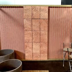 Palm canvas. Terracotta cladding. Suitable for indoor surfaces or outdoor settings such as pools. Tropical style with stylized palm and cycas leaves. Masquespacio. "Land" collection.