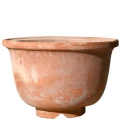 Vaso cinese con piede smerlato in terracotta di Impruneta, forma arrotondata con bordo spesso e base decorativa