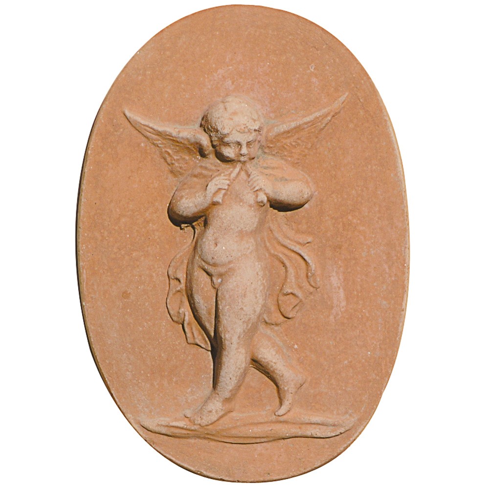 Oval decorative panel with hanging holes, depicting a dancing angel. Modeling made in high relief. Handmade.