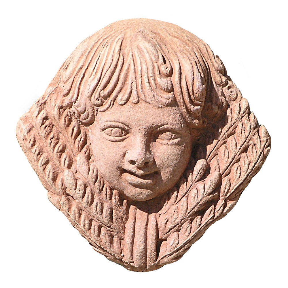 Decoration, depicting a girl with ears of wheat provided with hanging holes. Modeling made in high relief. Made by hand.