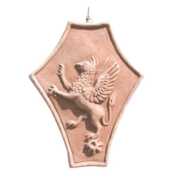 Rampant griffin crest decoration with hanging holes. Modeling made in high relief. Handmade by master craftsmen.