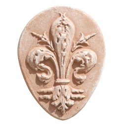 Teardrop decoration depicting the lily of Florence with hanging holes. Modeling made in high relief. Made by hand.