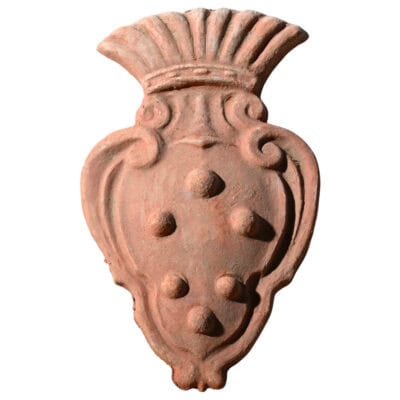 Terracotta Medici coat of arms bas-relief with shield and decorative cartouche, Florentine heraldic artwork
