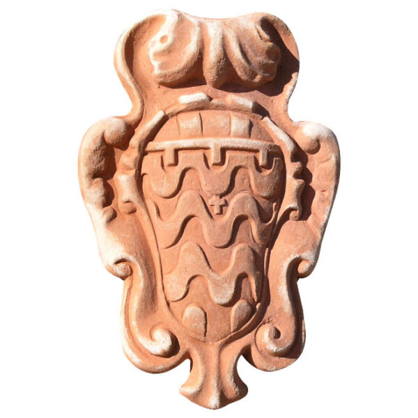 Pitti Coat of Arms in Terracotta: a handcrafted bas-relief panel inspired by the historic Pitti family, with a decorated cartouche, ideal for historic settings.