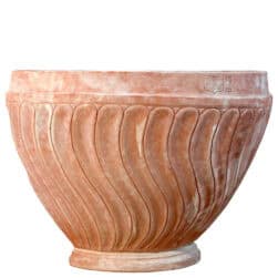Terracotta wall planter with spiral-columned ribbed surface in half-moon shape