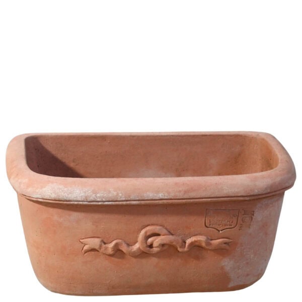 Terracotta wall sink with ribbon relief handmade Tuscan decorative basin for garden and outdoor use