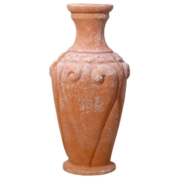 Chiseled Etruscan amphora terracotta decorative vase with relief ornament for garden and classic interiors