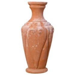 Chiseled Etruscan amphora terracotta decorative vase with relief ornament for garden and classic interiors