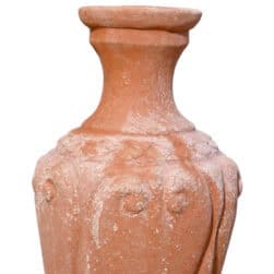 Chiseled Etruscan amphora terracotta decorative vase with relief ornament for garden and classic interiors