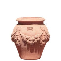 Small festooned jar in Impruneta terracotta with raised decorations and ornamental handles. Ideal as a decorative element or planter for flowers and greenery.