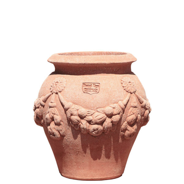 Orcino Festonato in terracotta di Impruneta, con decorazioni a rilievo e manici ornamentali. Perfetto come portavaso o elemento decorativo per ambienti classici e storici.