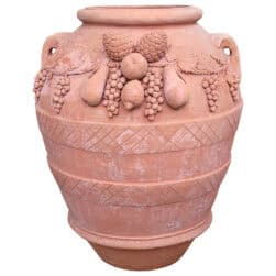 Festooned Relief Jar, suitable as a planter. Decorative element adorned with embellishments, pinecones, grapes, apples, pears, and lemons. Fruit in relief.