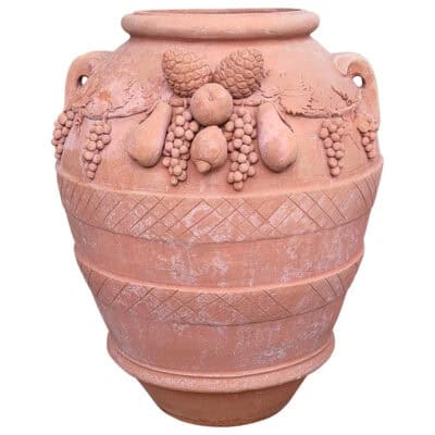Festooned Relief Jar, suitable as a planter. Decorative element adorned with embellishments, pinecones, grapes, apples, pears, and lemons. Fruit in relief.