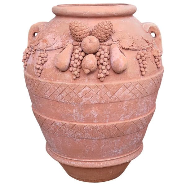 Orcio festonato a rilievo, adatto come portavaso. Articolo di arredo. Decorato con addobbi, pigne, uva, mele, pere, limoni e pigne. Frutta a rilievo.