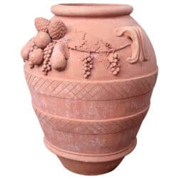 Festooned Relief Jar, suitable as a planter. Decorative element adorned with embellishments, pinecones, grapes, apples, pears, and lemons. Fruit in relief.