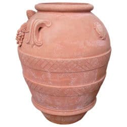 Festooned Relief Jar, suitable as a planter. Decorative element adorned with embellishments, pinecones, grapes, apples, pears, and lemons. Fruit in relief.