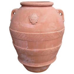 Festooned Relief Jar, suitable as a planter. Decorative element adorned with embellishments, pinecones, grapes, apples, pears, and lemons. Fruit in relief.