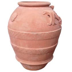 Festooned Relief Jar, suitable as a planter. Decorative element adorned with embellishments, pinecones, grapes, apples, pears, and lemons. Fruit in relief.