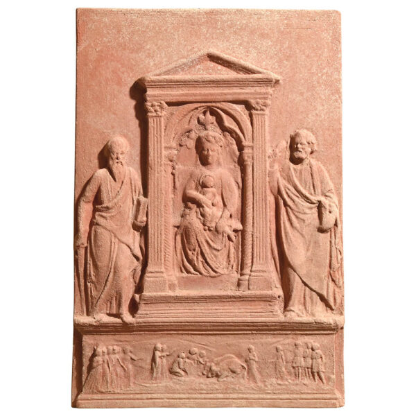 Impruneta terracotta tabernacle depicting the Madonna and Child, inspired by Renaissance sacred art, with decorations in the Della Robbia style.