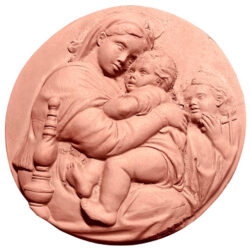 Circular terracotta panel reproducing Raphael's "Madonna of the Chair." It combines art and faith, making it ideal for decorations and symbolic gifts.